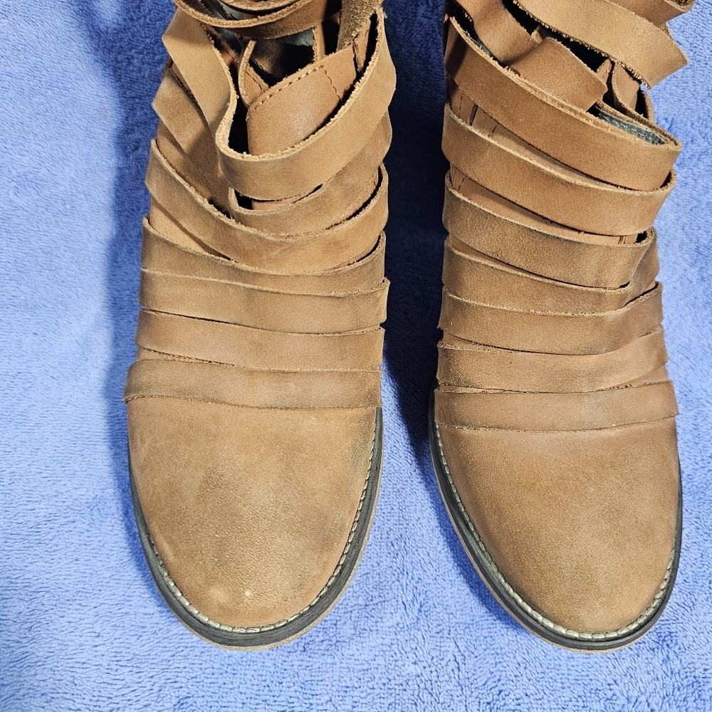 Free People Hybrid strappy cognac leather heeled ankle boots women's - Picture 11 of 16